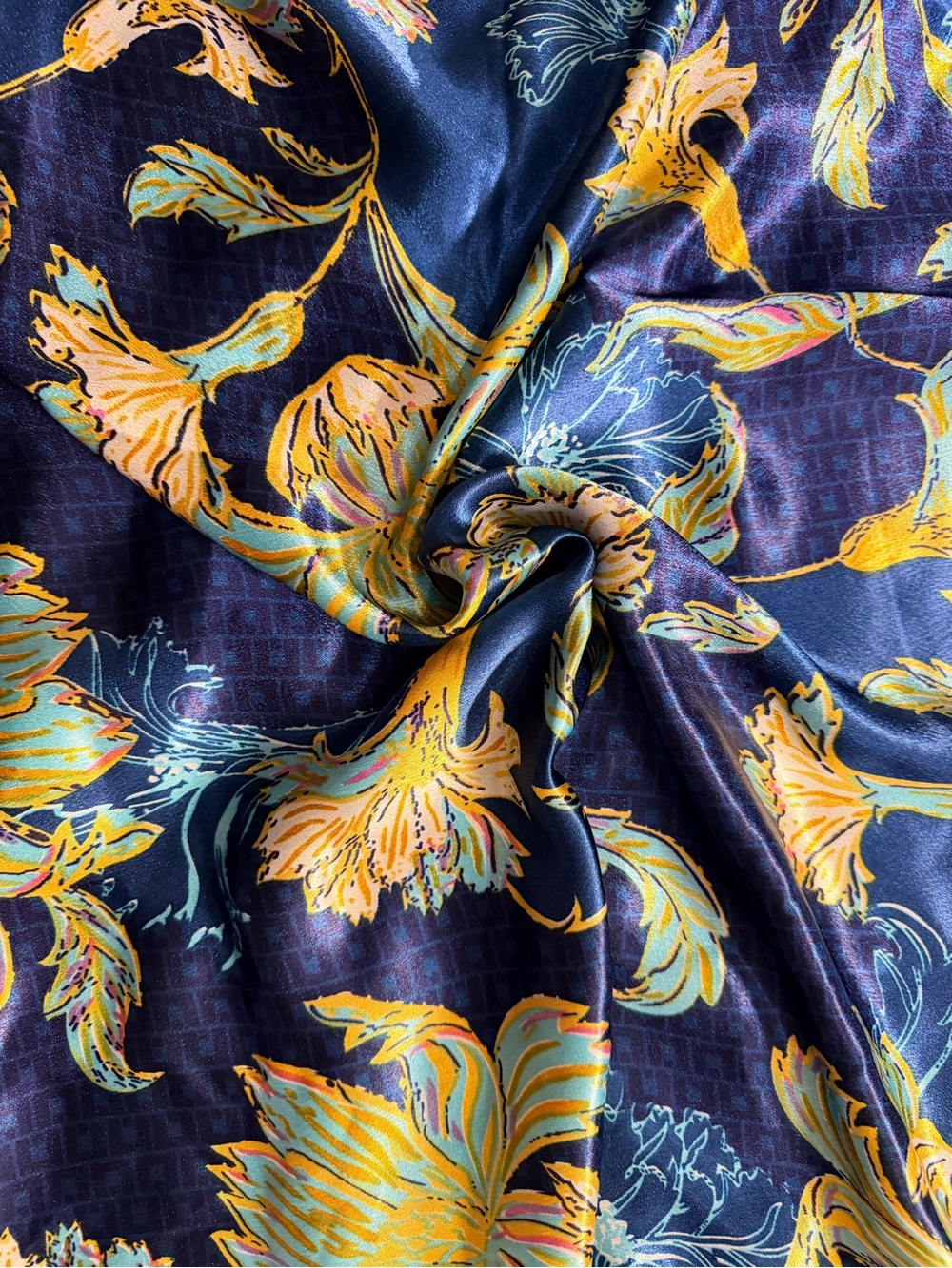 5.47 Yards of New Luxurious Floral Navy and Yellow Satin Fabric